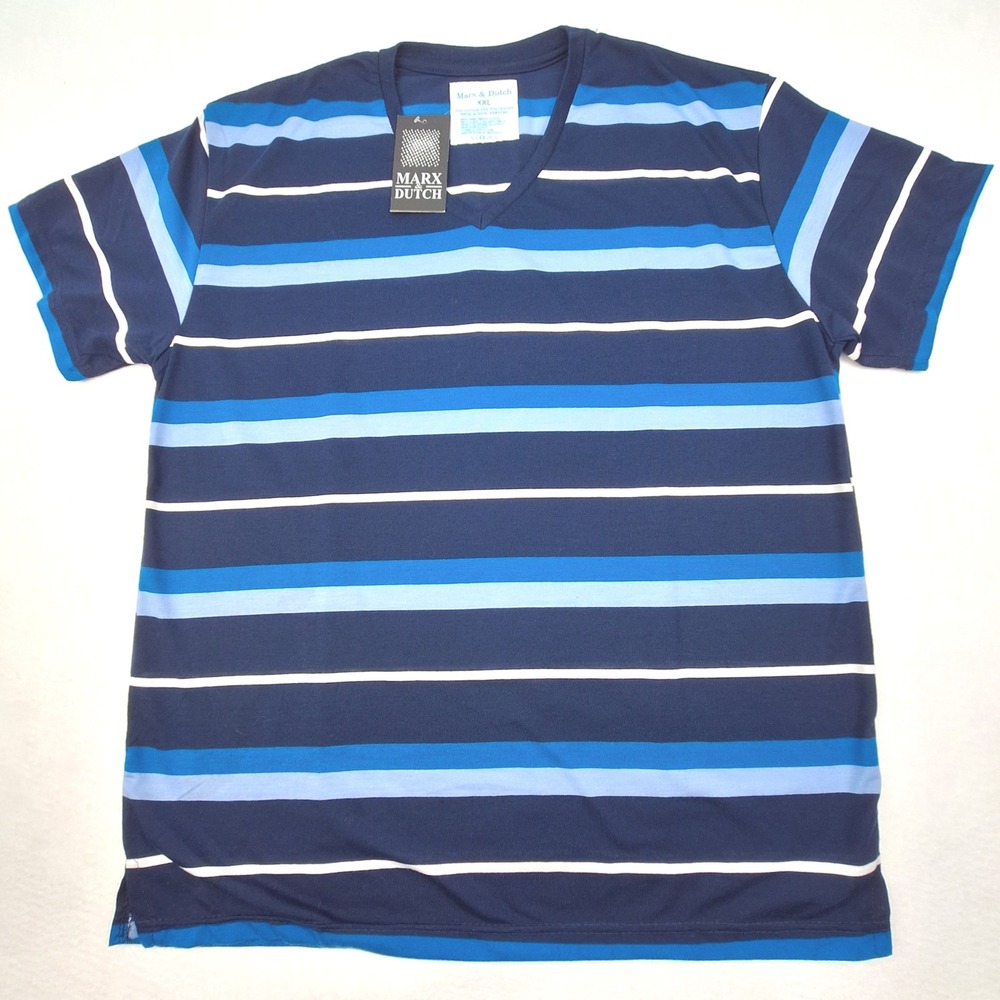 Marx & Dutch T-Shirt Mens XXL Blue‎ Striped V-Neck Short Sleeve New NWT Casual